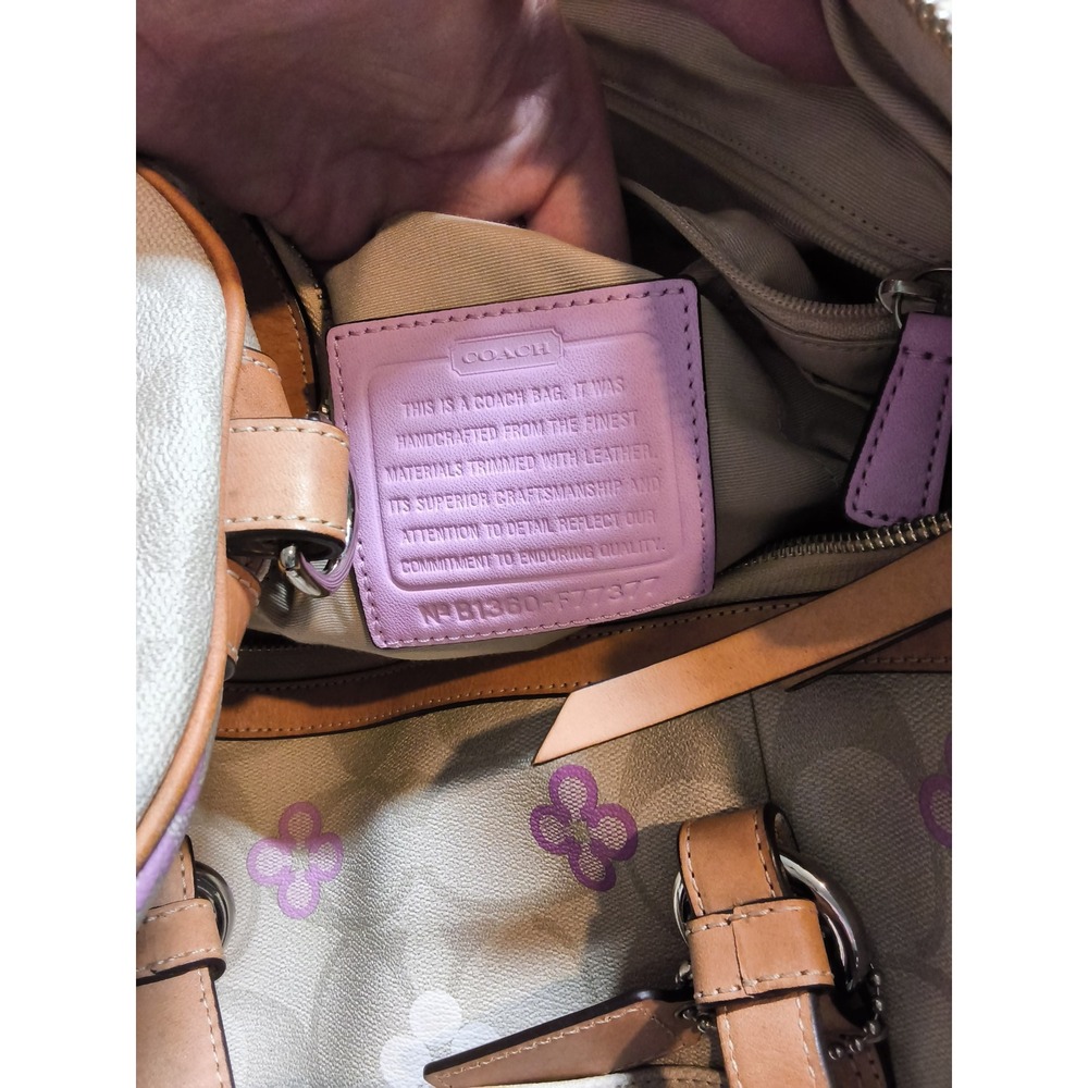 35.Coach Signature Floral Print Satchel Bag Khaki Purple Leather Trim F77377 - Picture 4 of 5